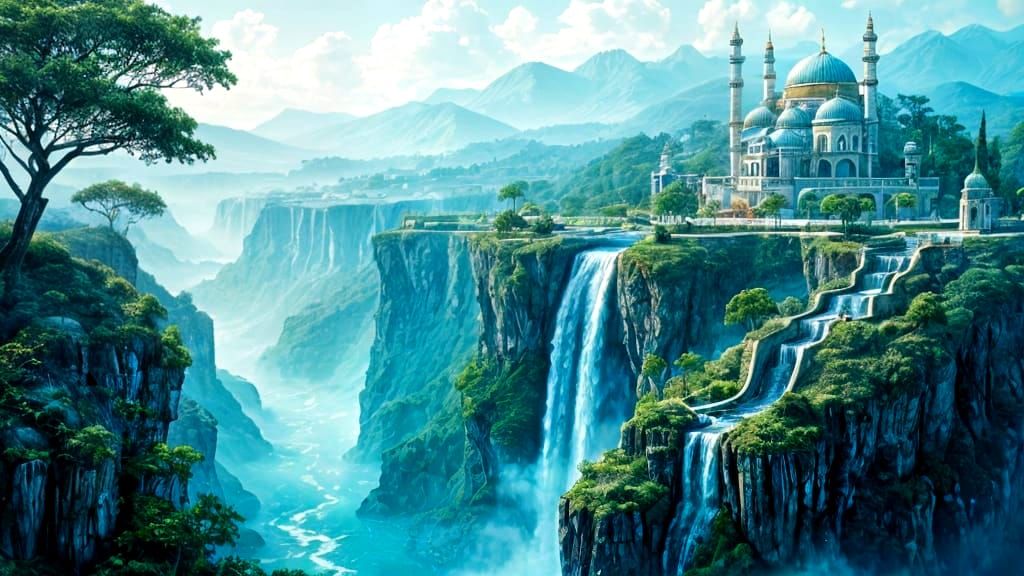 Turquoise Mountain Mosque Landscape with Waterfall