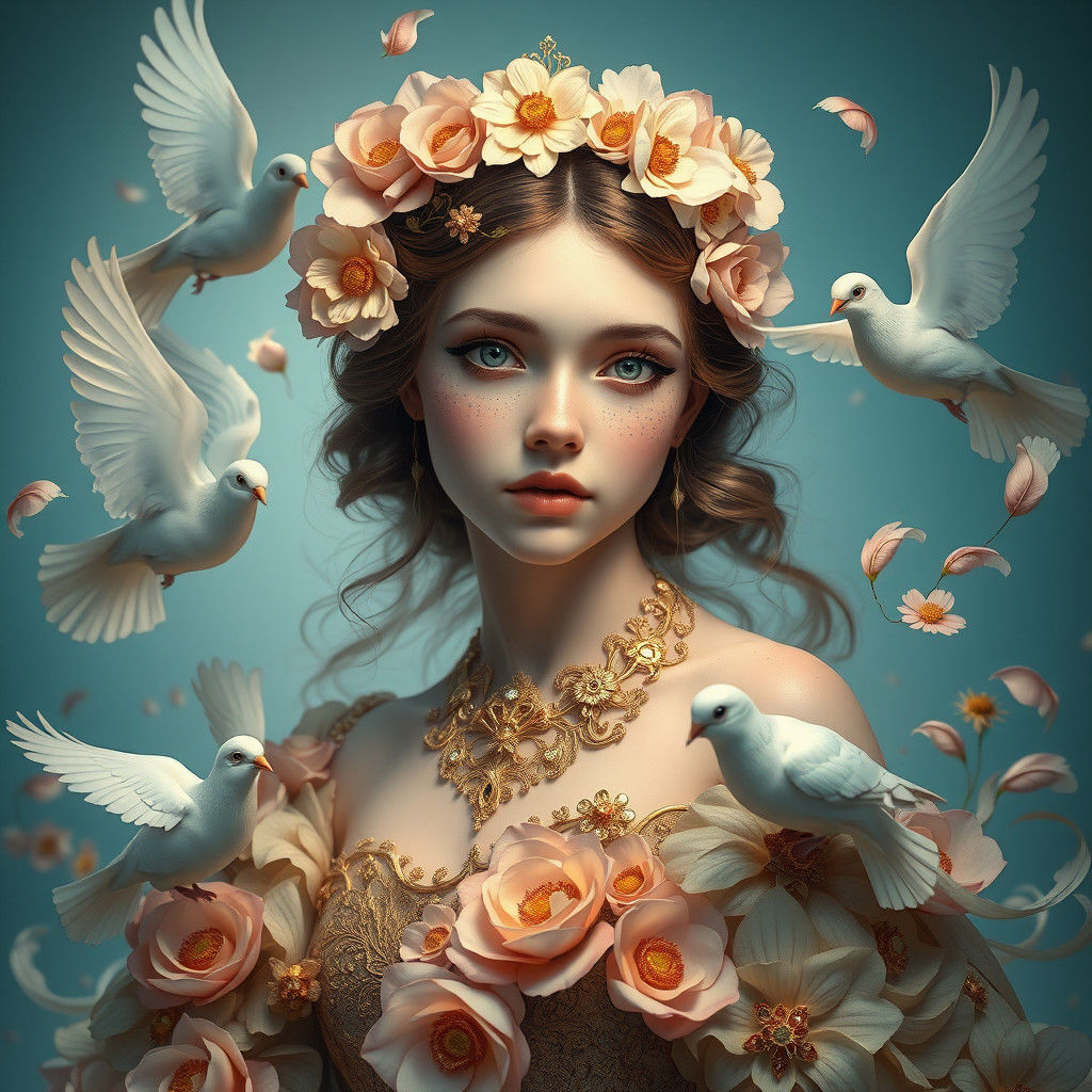 Enchanting Flower Girl Portrait in Art Nouveau Style