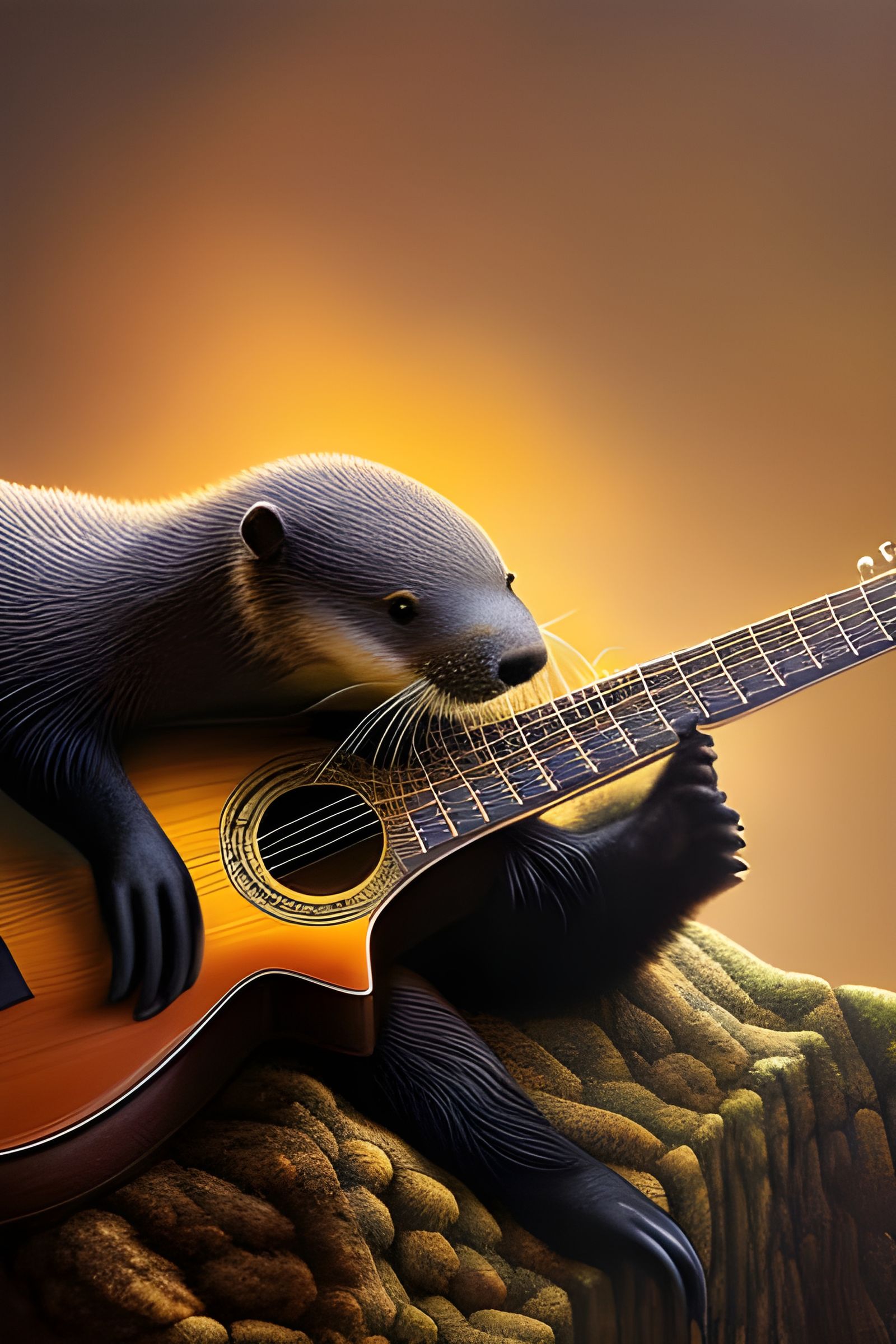 Otter Playing Guitar by Fireplace in Fantasy Style