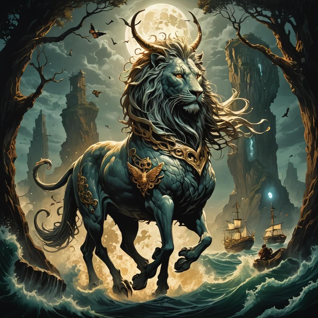 Lion-Serpent Hybrid Sails the Stormy Seas Under a Silver Moo...