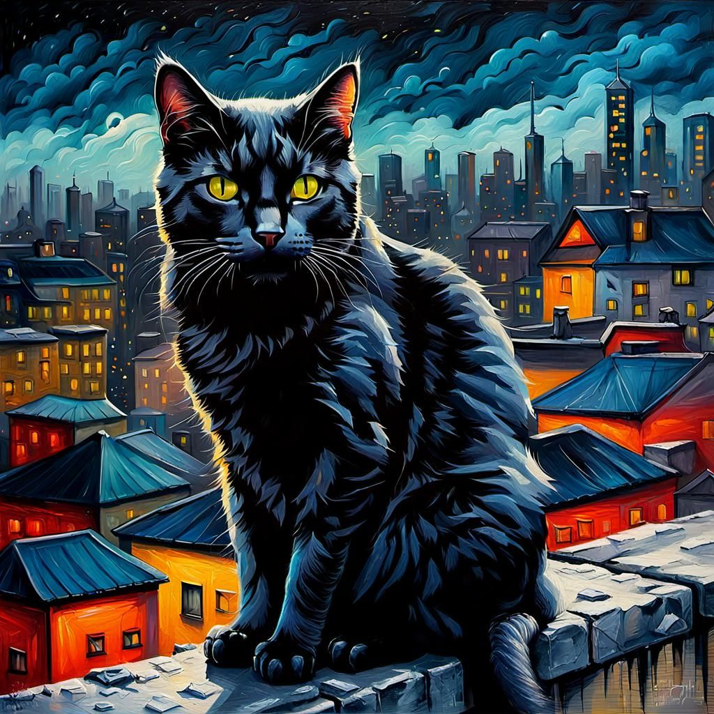 Black Cat on City Roof: Impasto Oil Painting