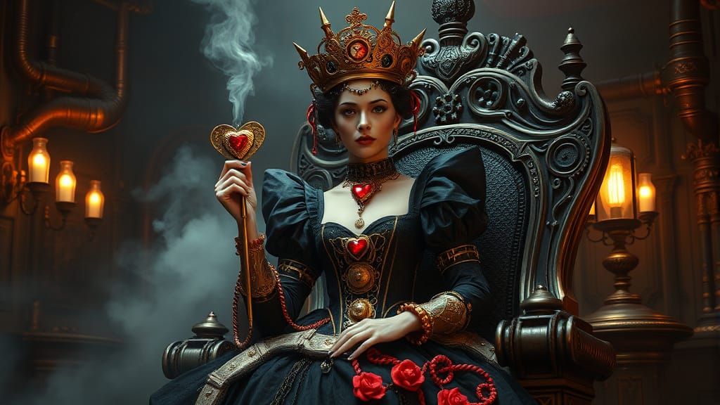 Steampunk Queen of Hearts in a Mechanical Palace