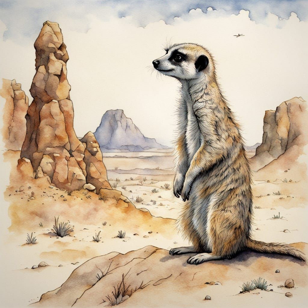 Meerkat on White Rock in Desert Landscape, Watercolour Style