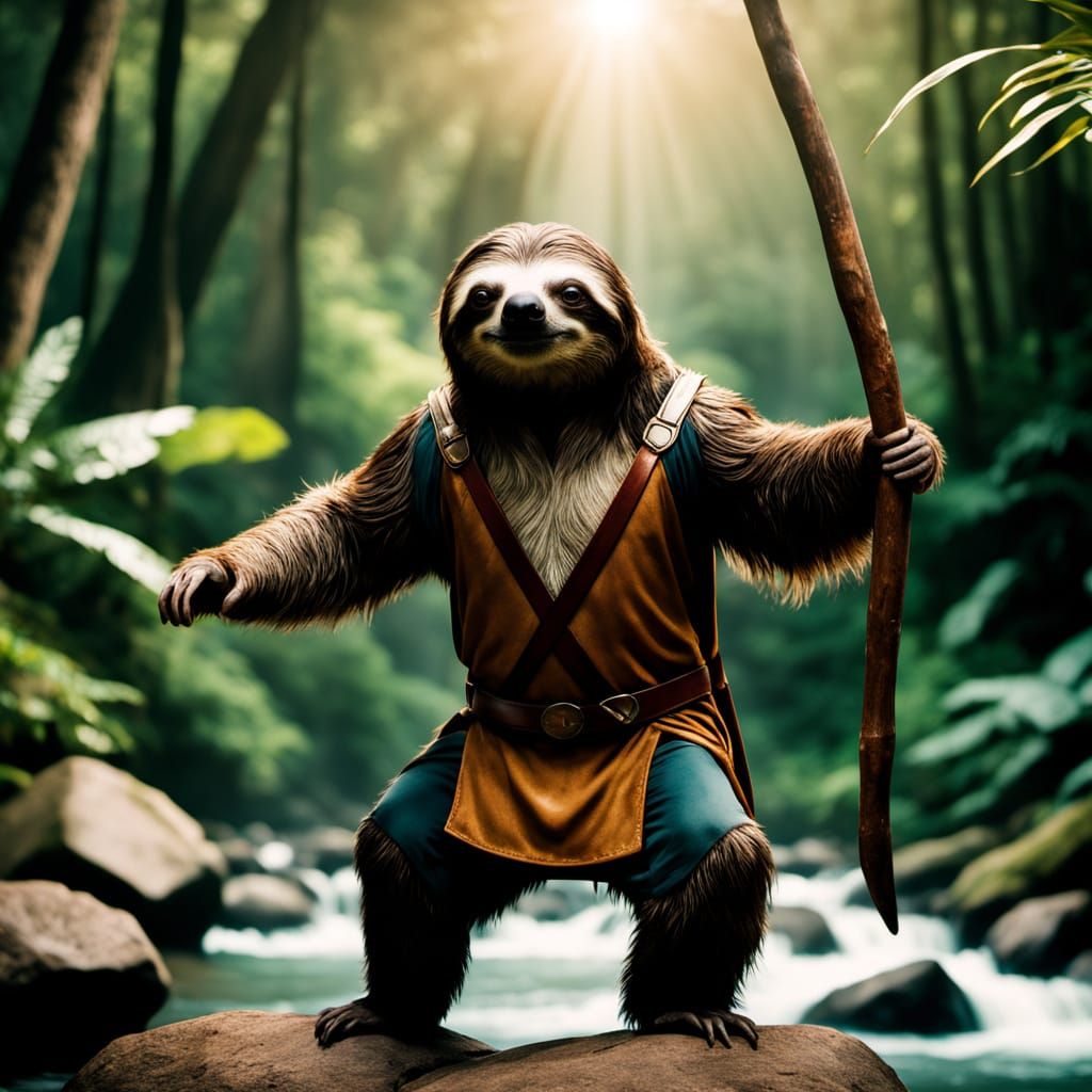 Superhero Sloth Balances in Rainforest River: Cinematic Stil...