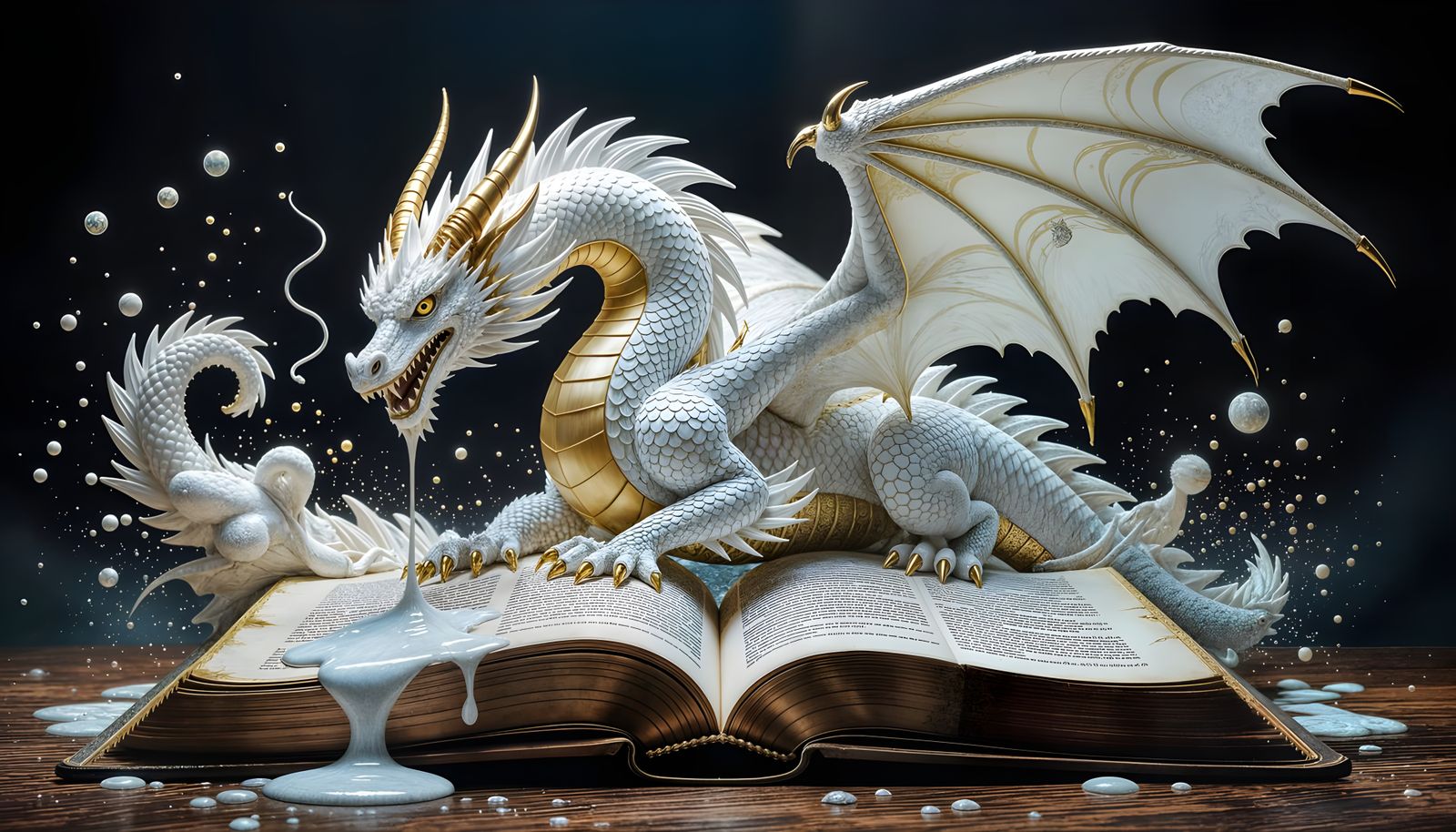 Living Ink Dragon Drips Across Ancient Book Page