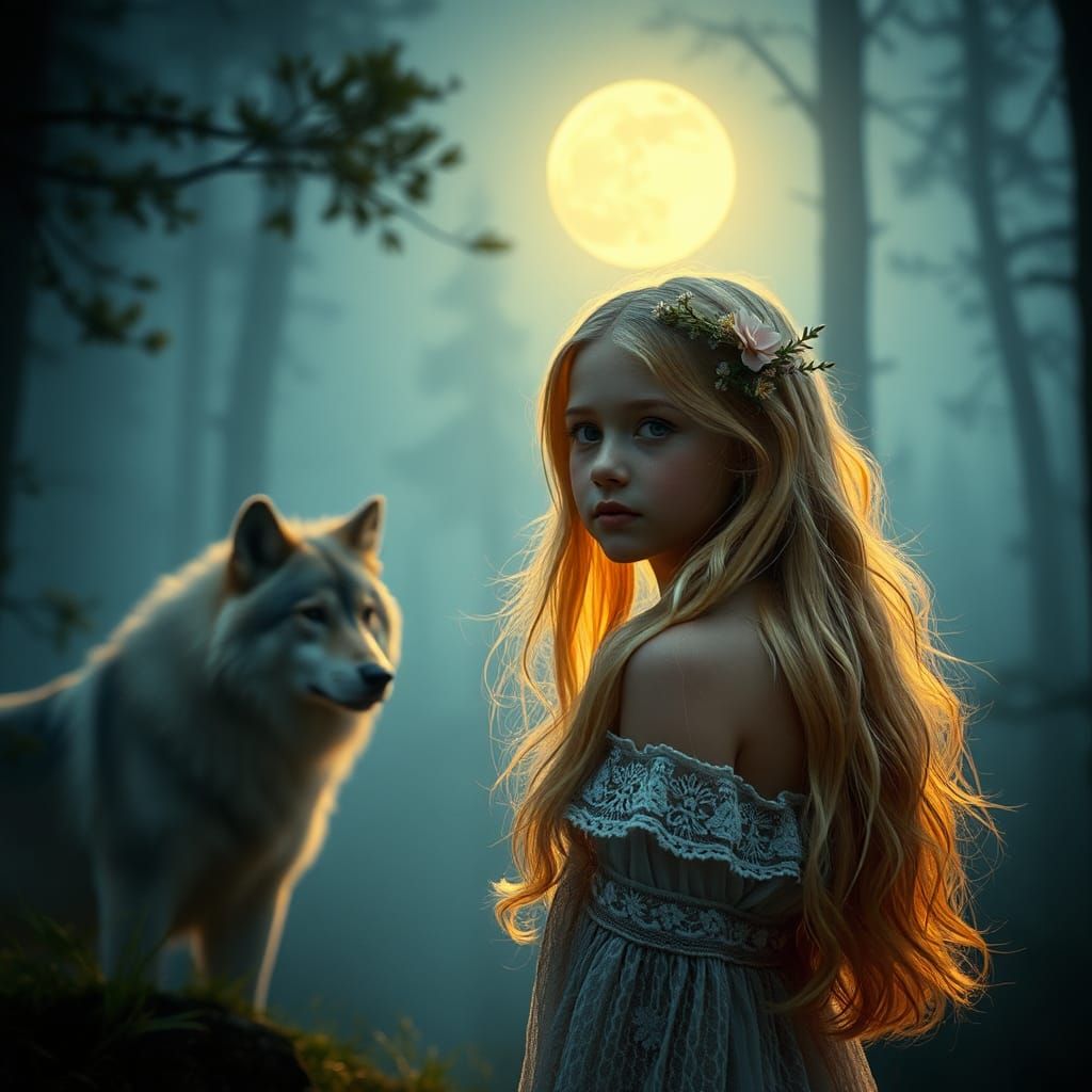 Girl, Wolf, and Moonlit Forest: Cinematic Film Still