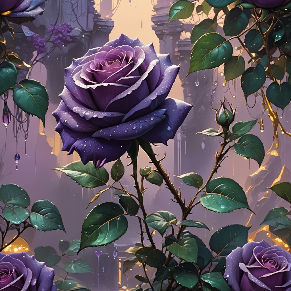 Purple Rose in Oasis, Hyper-Realistic Digital Art