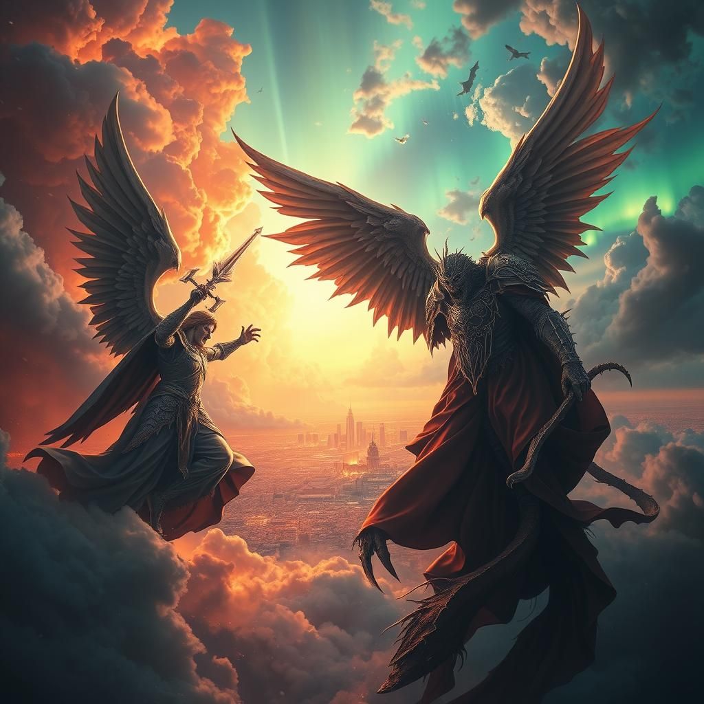 Angels and Demons Clash in Fiery Sky
