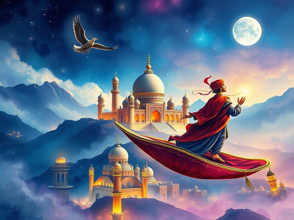 Aladdin's Whimsical Flight Over a Majestic Middle Eastern Ca...