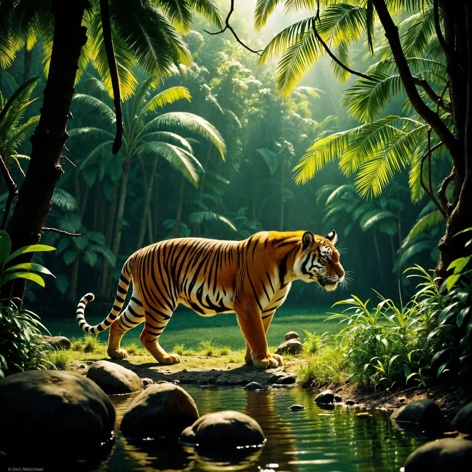 Majestic Tiger Strolls Through a Lush Jungle Clearing