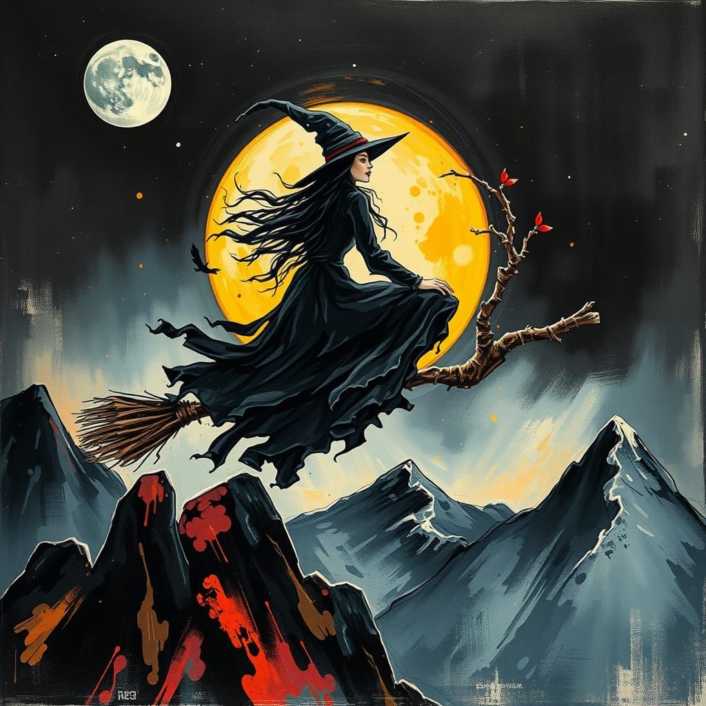Witch Soaring Over Mountains in Neo-Impressionist Style