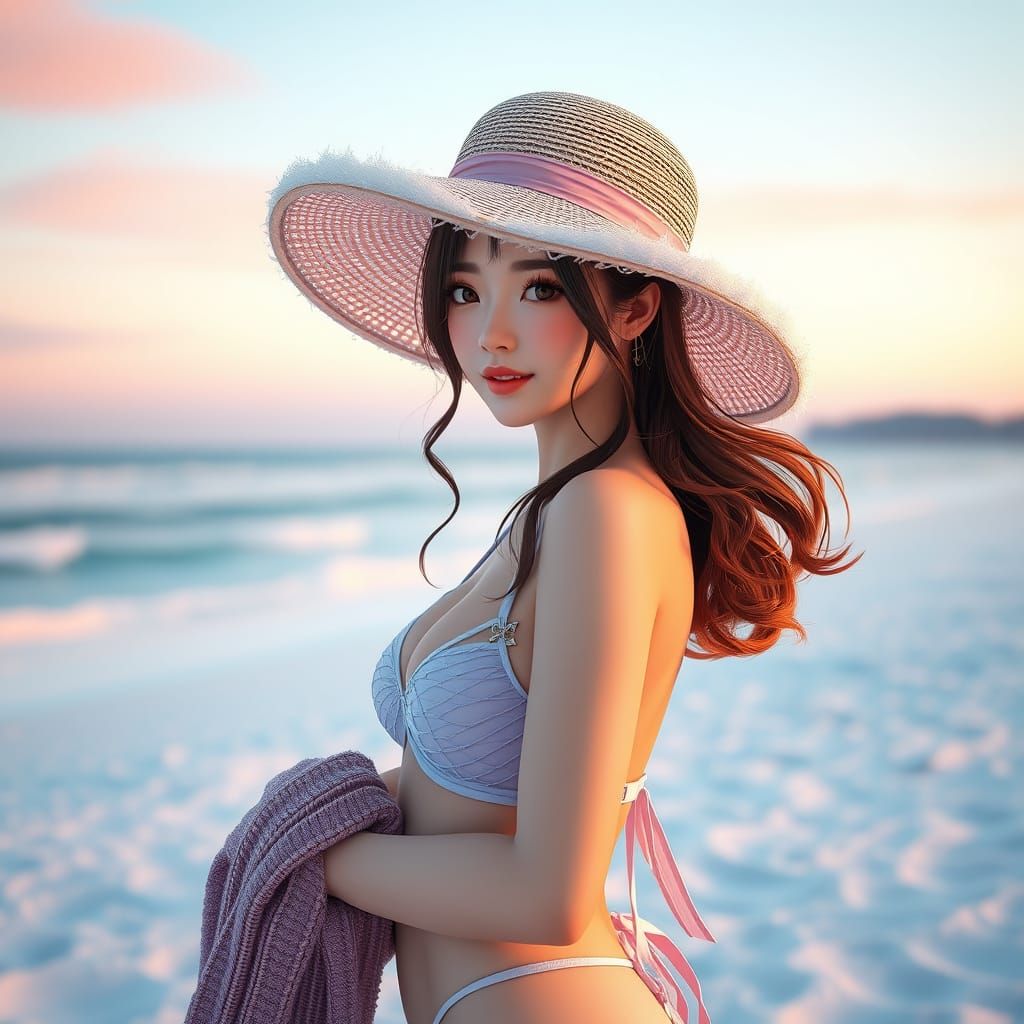 Anime Style Woman in Romantic Winter Bikini on Snowy Beach