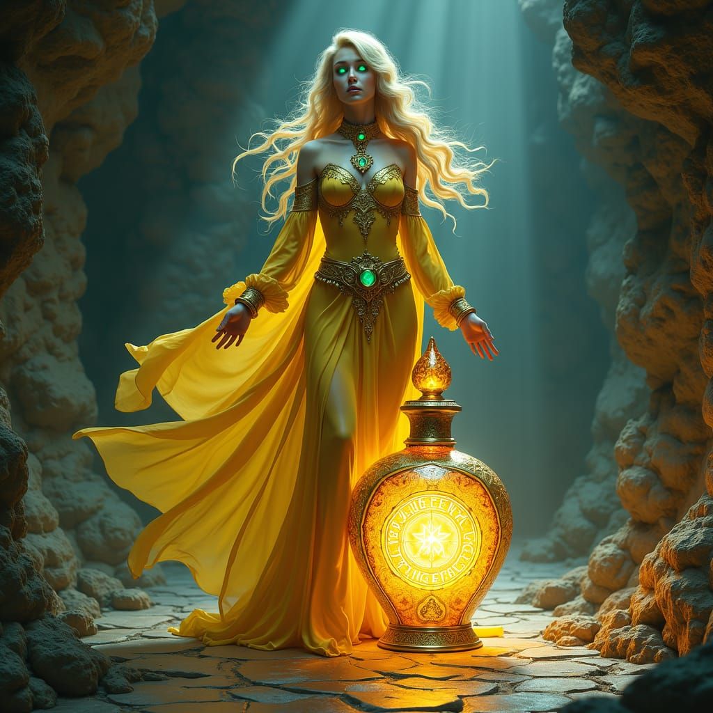 Female Genie Warlock Emerges from Magical Bottle