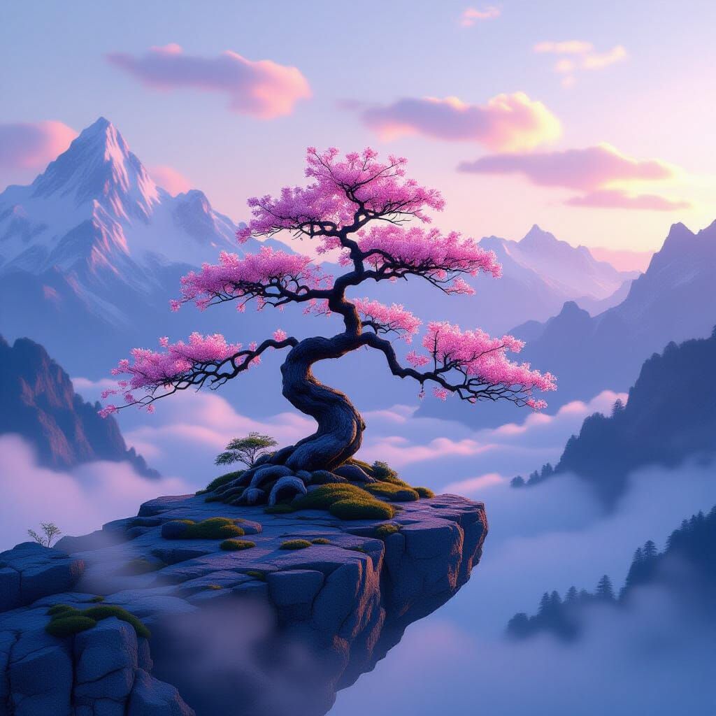 Bonsai Tree on Floating Rock: Cinematic Landscape