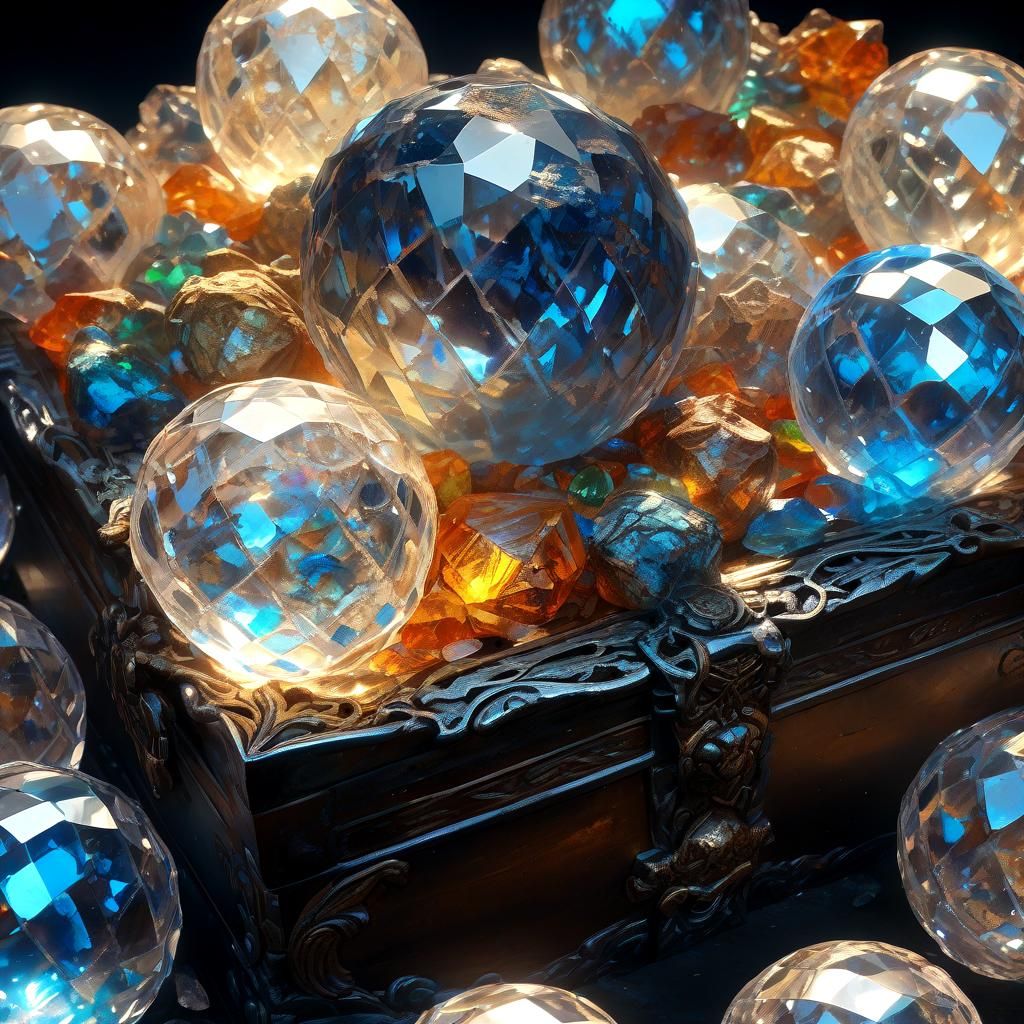 Glowing Crystal Orbs in Treasure Box, Oil Painting