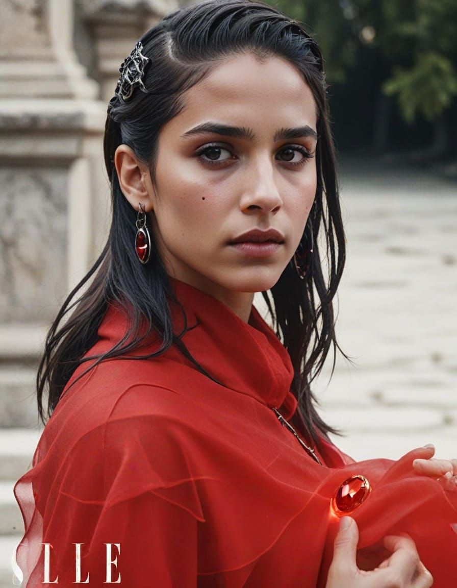 Raven Superheroine with Red Gemstone in Dark Fantasy Style