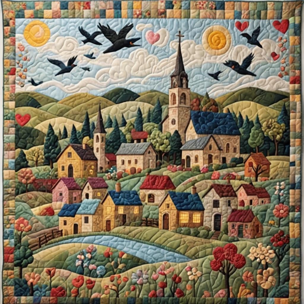 Puffy art quilt showing scenes of a country village.