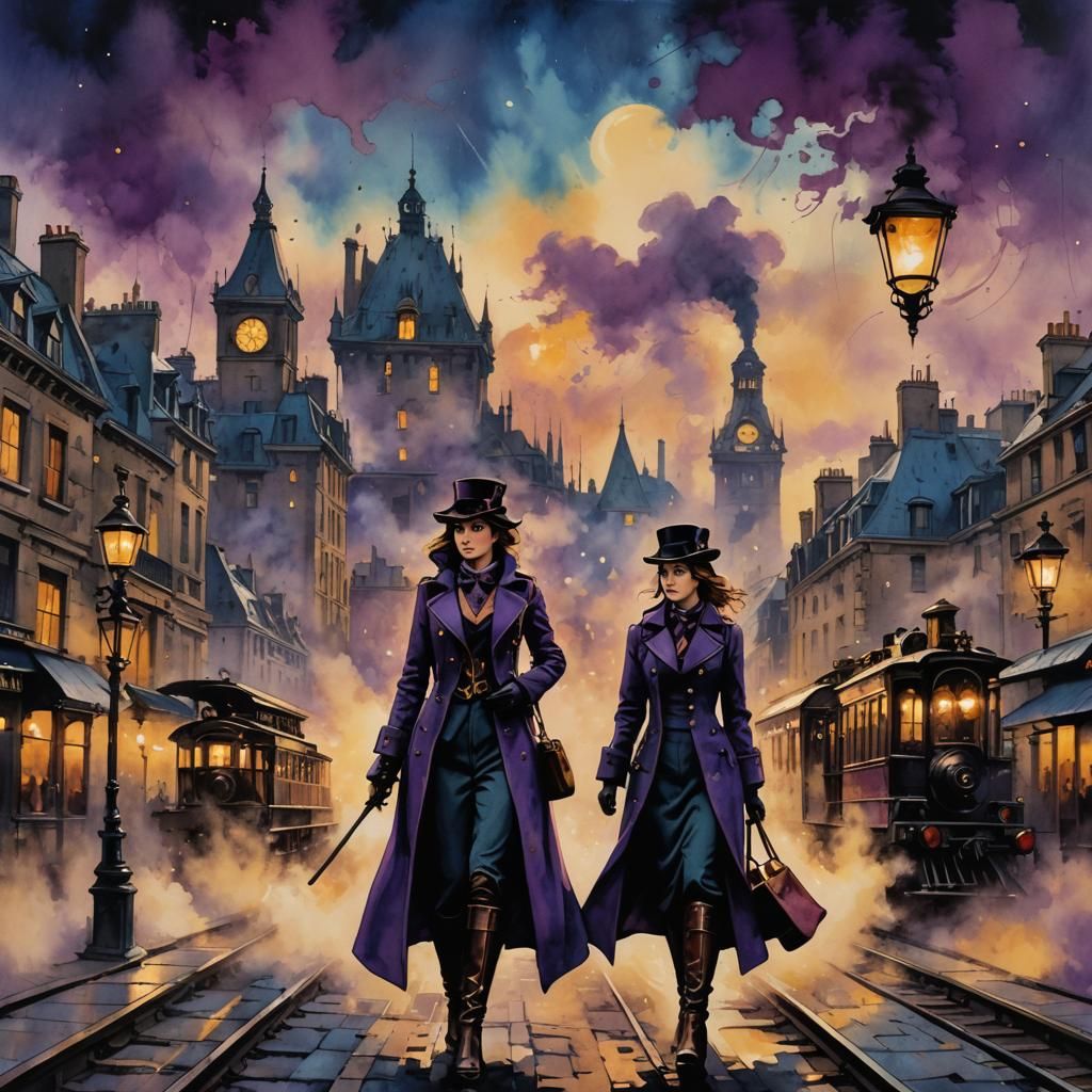 Girls in a long coat walking along of steam-powered train in...