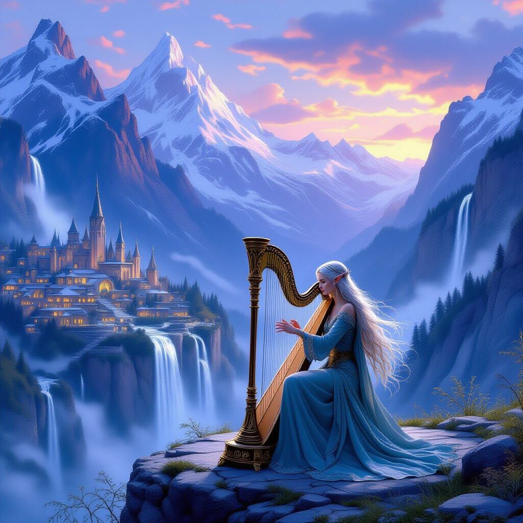 Magical Elf Village of Rivendell with Harpist at Twilight