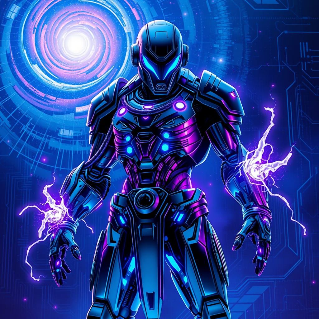 Cybernetic Warrior in Cyberpunk Cosmic Landscape