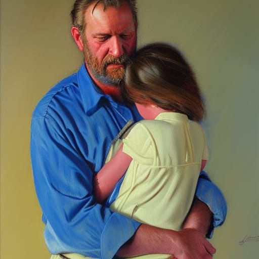 Father and Daughter Embrace, Oil Painting