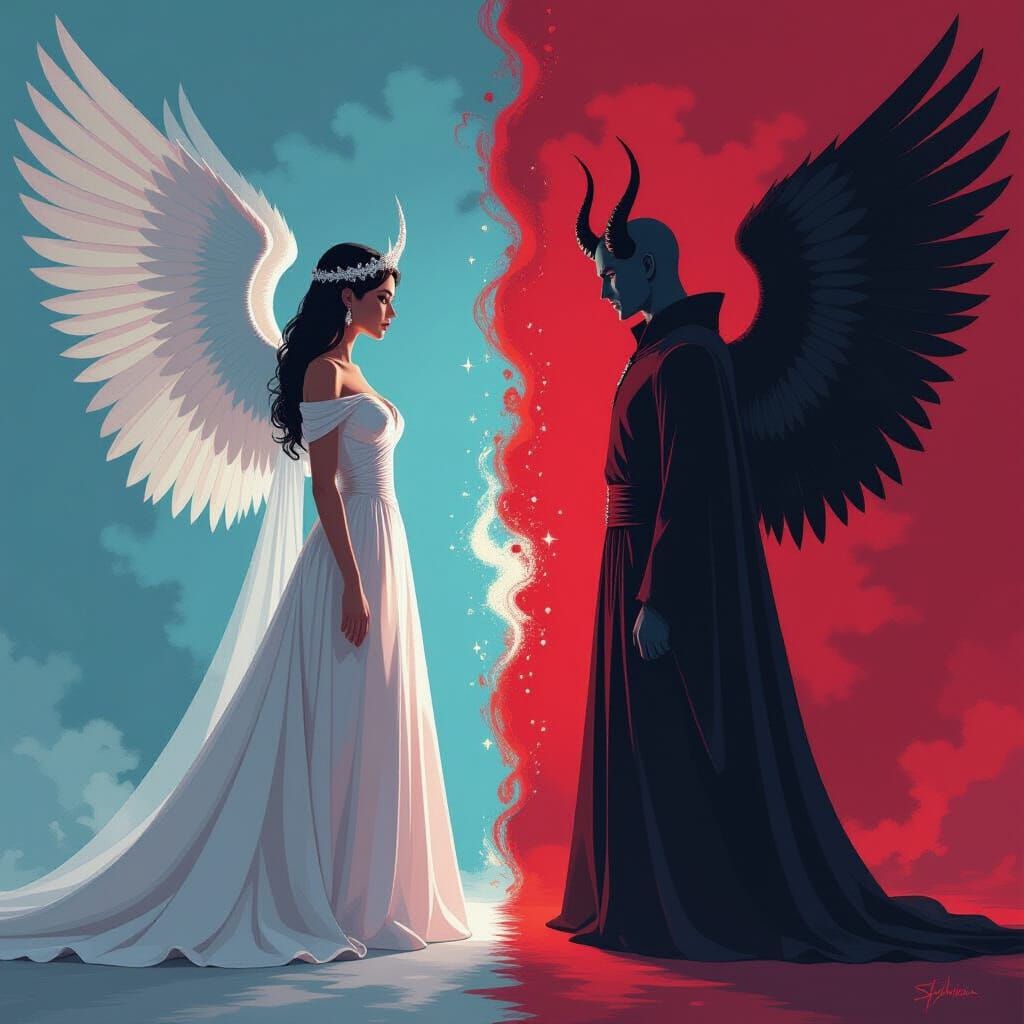 Angel and Devil Divided by Contrast in Vibrant Style
