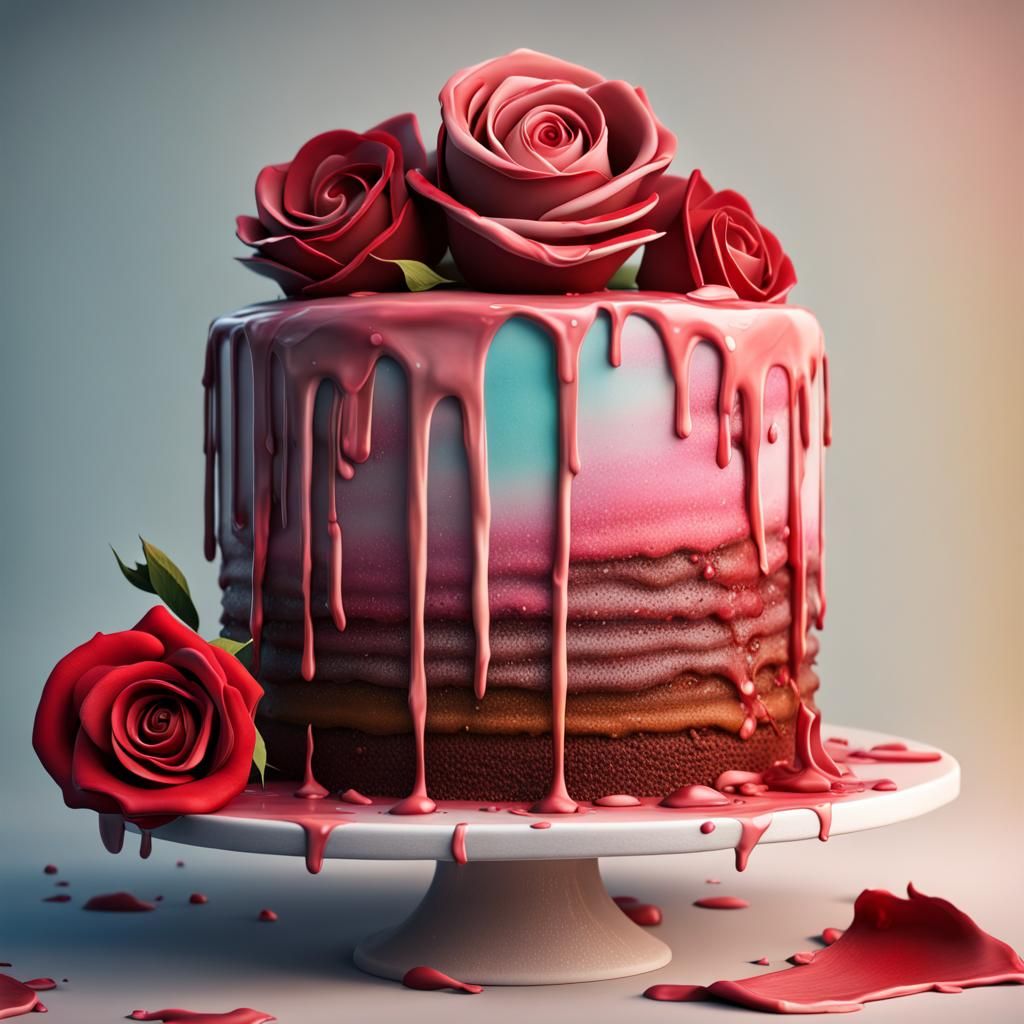 Hyperrealistic Rose Garden Cake, Splash Art Style