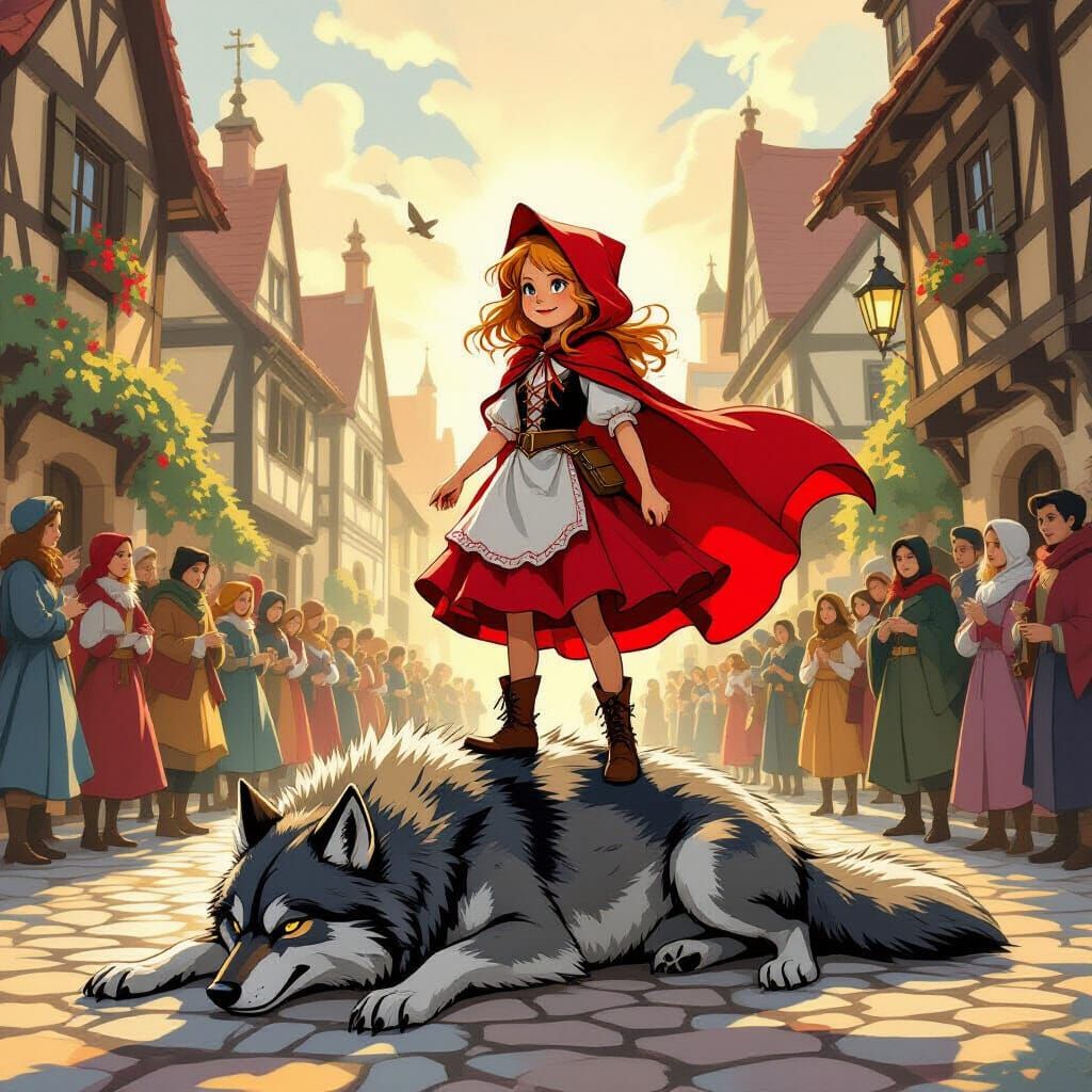 Little Red Riding Hood Triumphs Over Wolf in Village Square