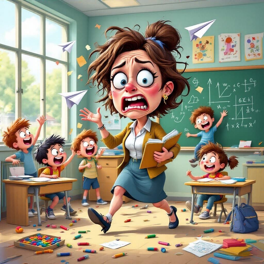 Humorous Caricature of a Stressed Teacher in a Chaotic Class...