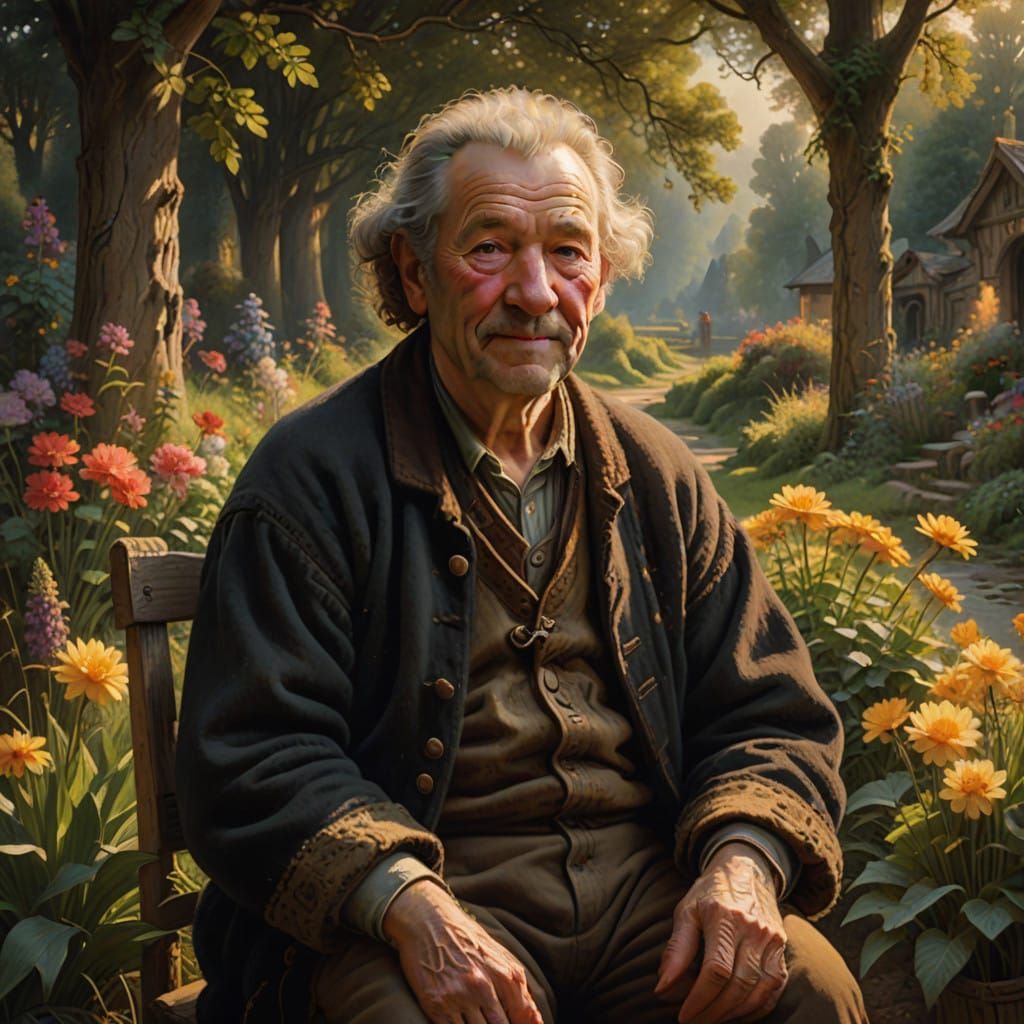 Serene Elder in Whimsical Countryside Scene