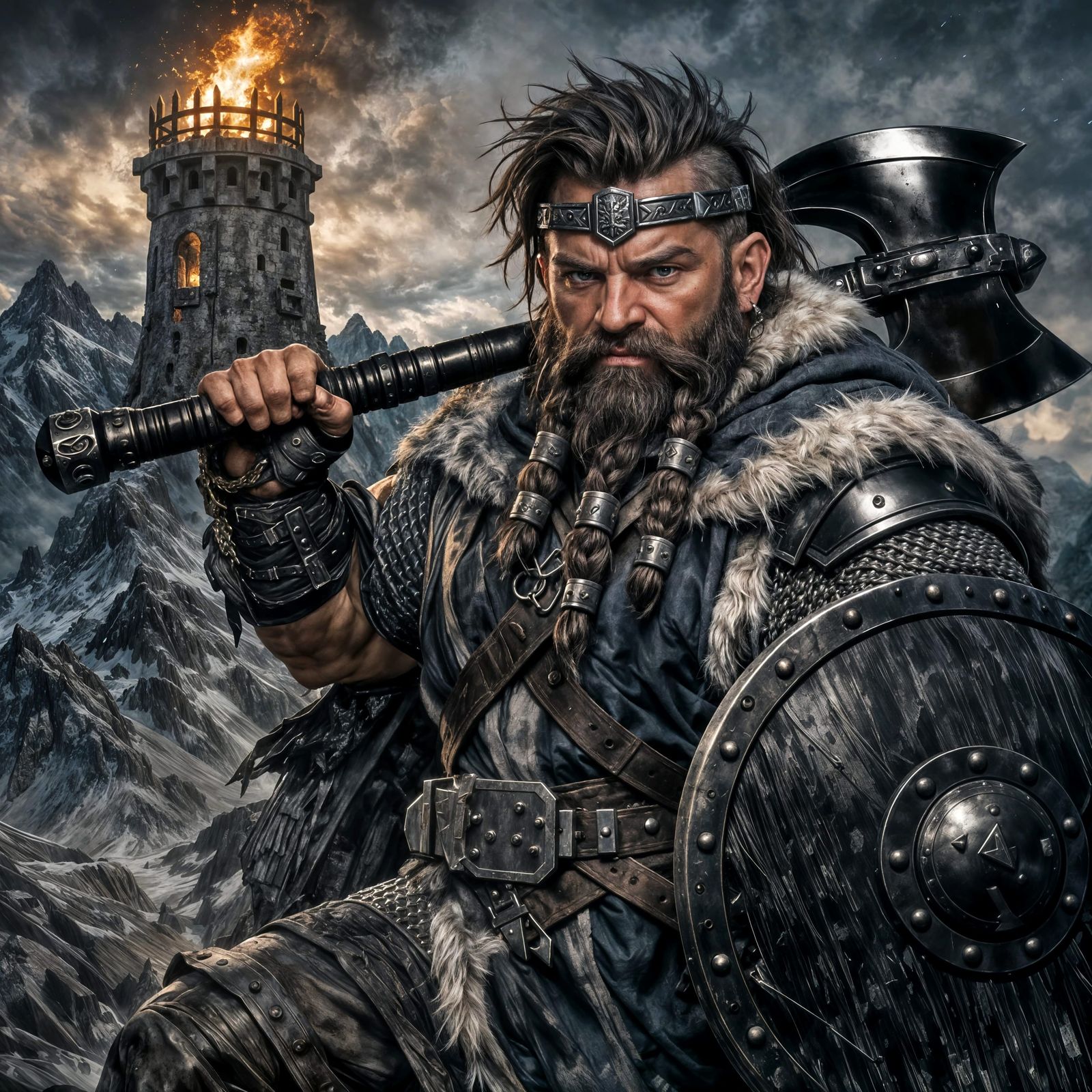 Dwarf Warrior with Battle Axe and Beacon Tower in Dark Fanta...