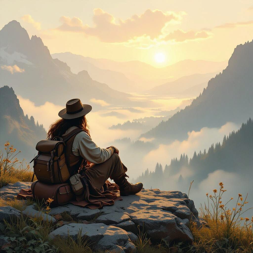 Bohemian Traveler Overlooking Misty Valley in Romantic Style
