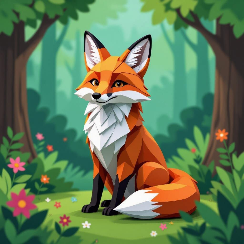 Origami Fox in Whimsical Forest, Stylized Digital Art