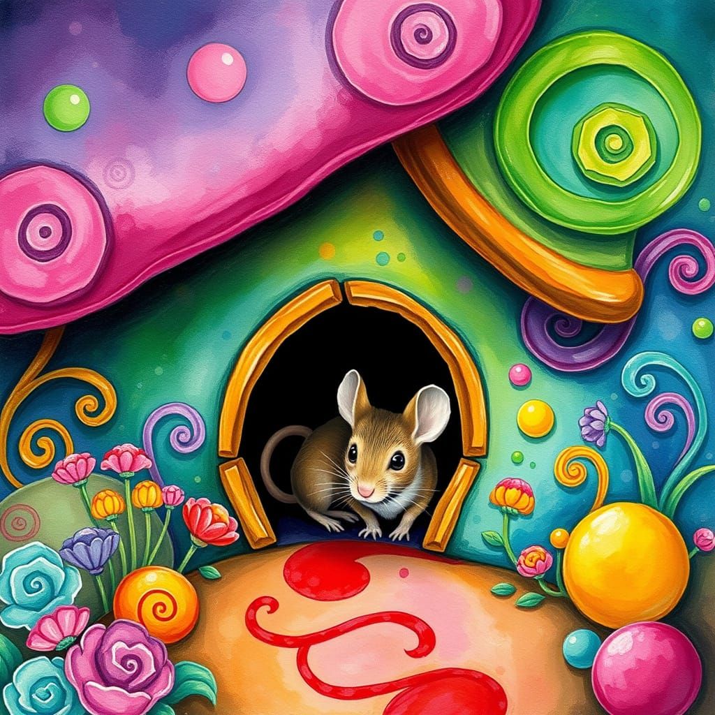 Whimsical Mouse Hiding in a Colorful Wonderland