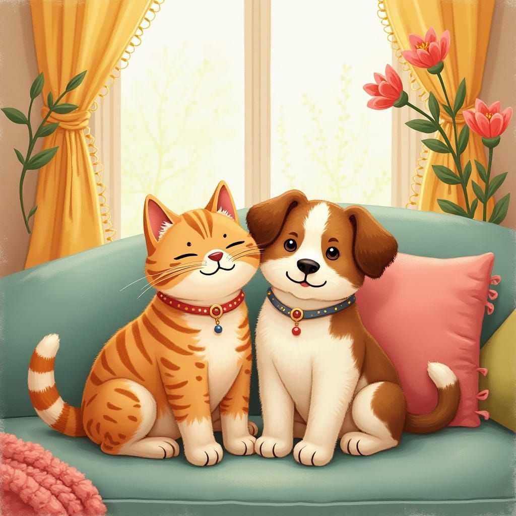 Whimsical Cat and Dog Duo in Cozy Living Room