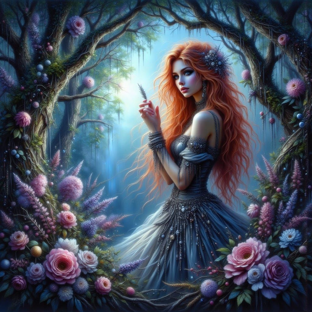 Ethereal Woman at Forest Portal in Romantic Oil Painting Sty...