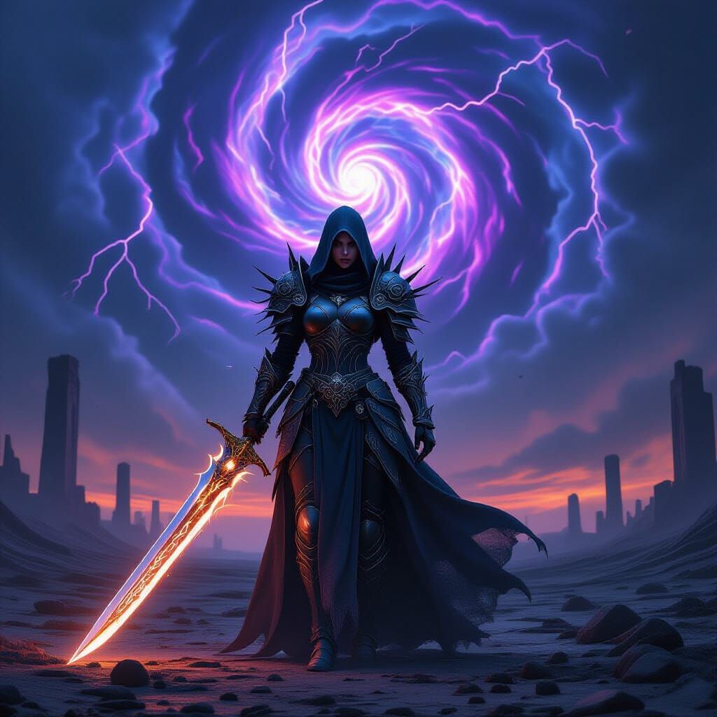 Female Warrior in Gothic Armor on Desolate Plain