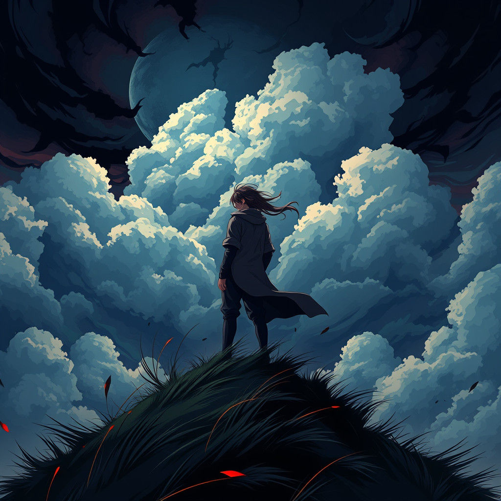 Dramatic Windswept Figure in Anime Style