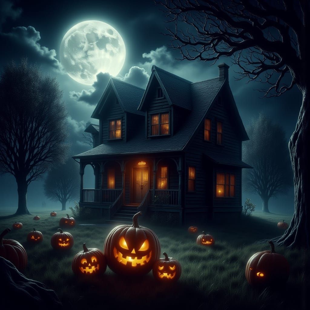 Haunted House on Hill Under Full Moon