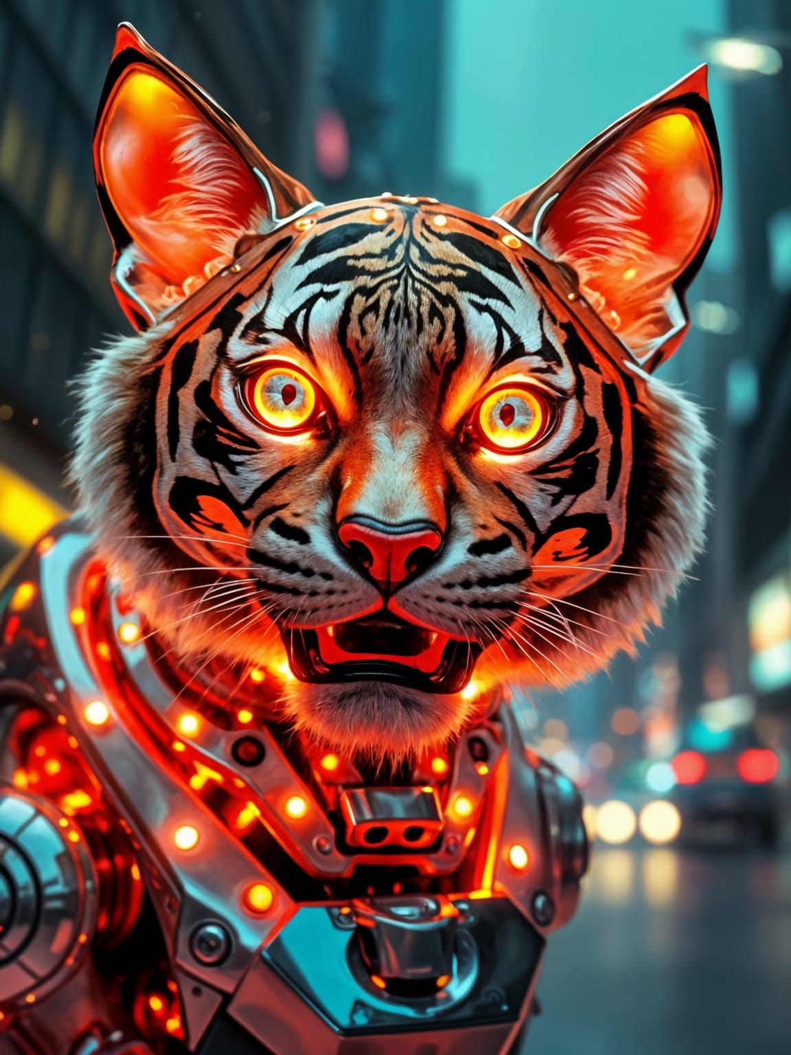 Excited Cyborg Cat-Tiger in Steampunk City