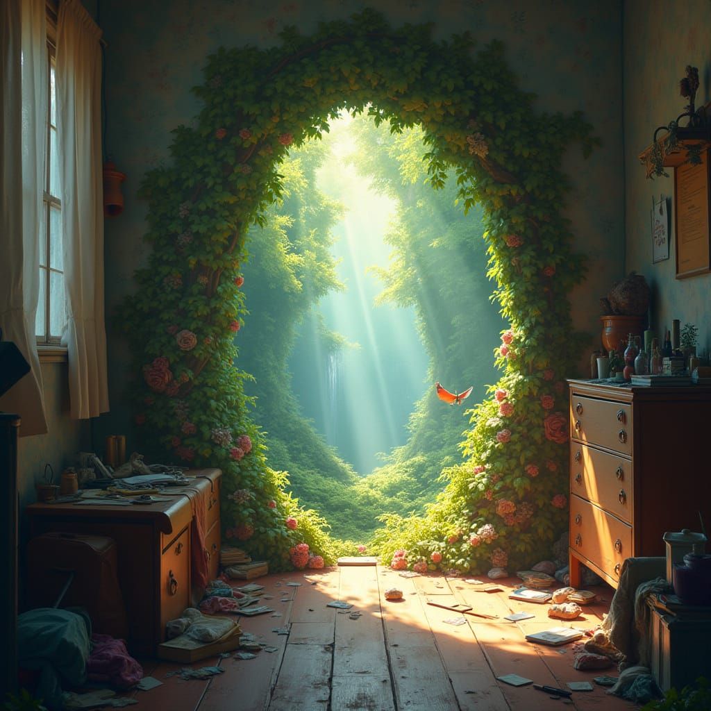Mythical Forest Portal in Messy Bedroom Digital Art