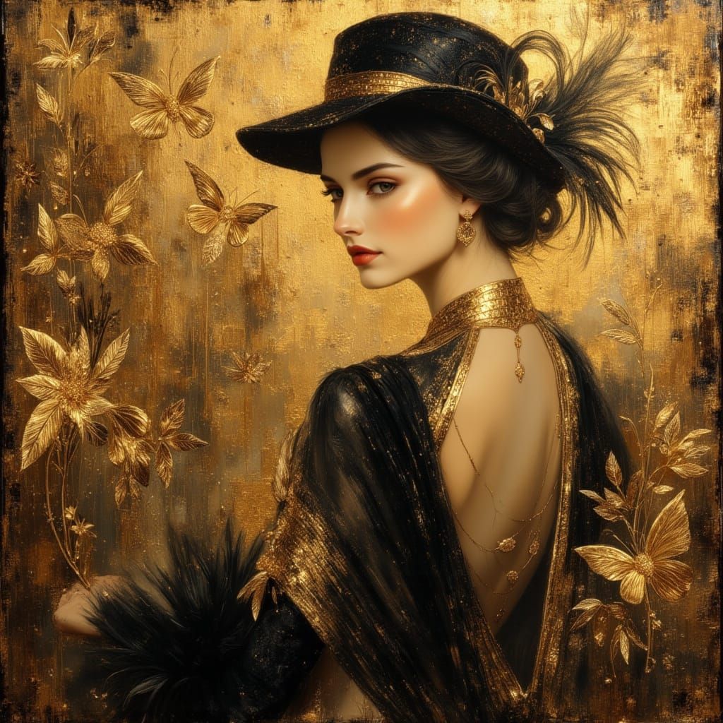 1920s Flapper in Art Deco Parlour as Oil Painting