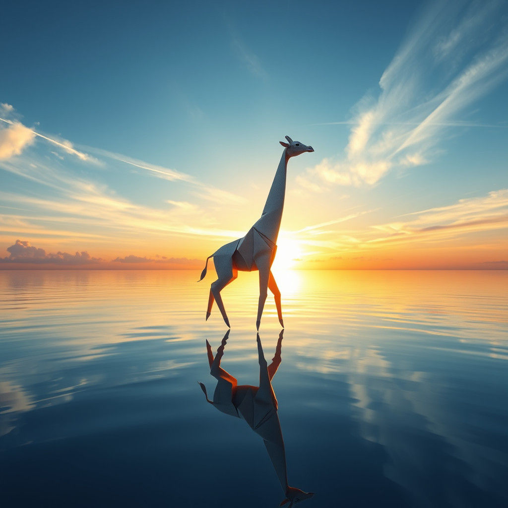Origami Giraffe Floats Above Ocean at Sunrise