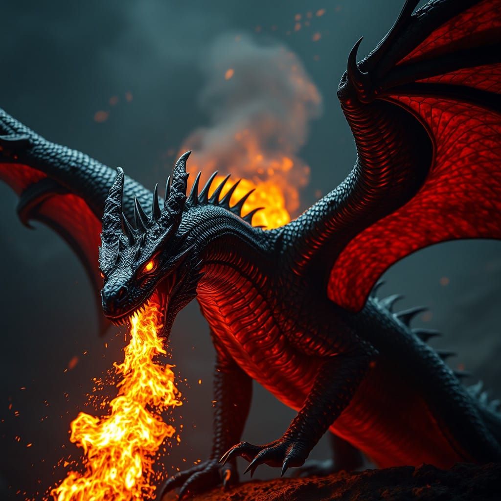 Majestic Black Dragon Seethes with Fiery Fury