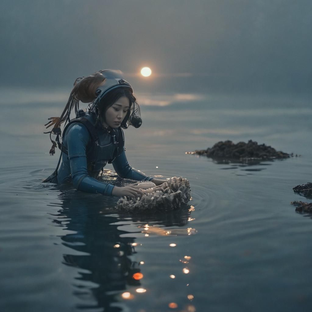 Diver Collecting Pearl in Deep Blue Sea