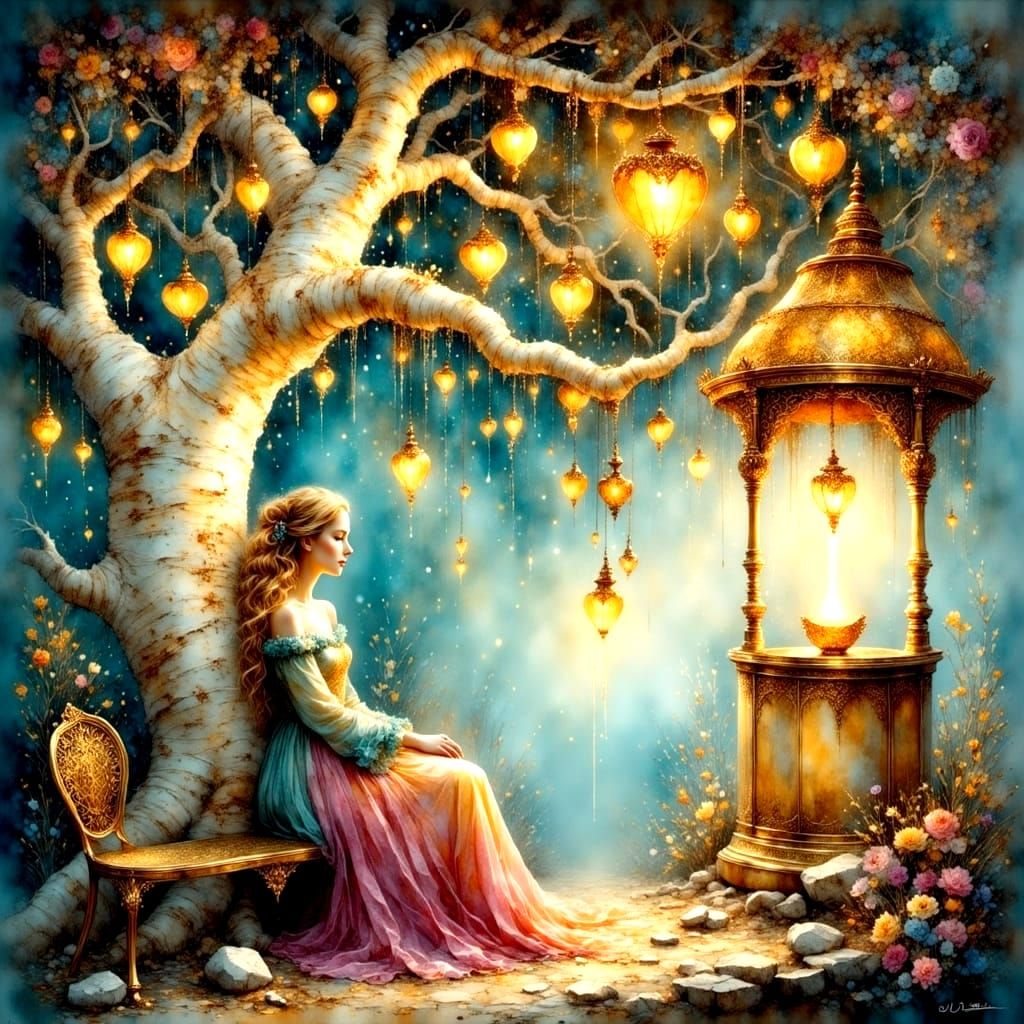 Ethereal Whimsy in Majestic Tree with Golden Hearts and Wish...
