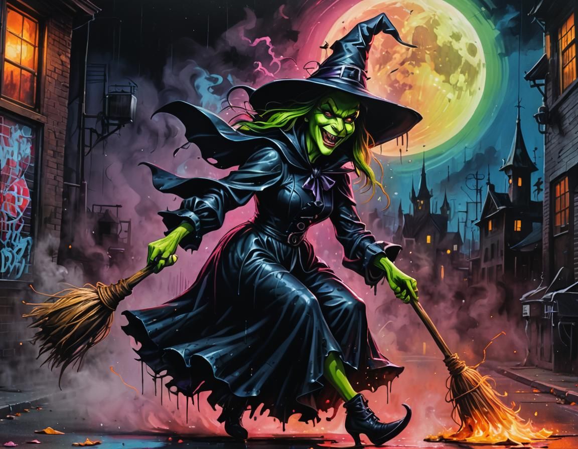 Wicked Witch Graffiti Art Under Full Moon