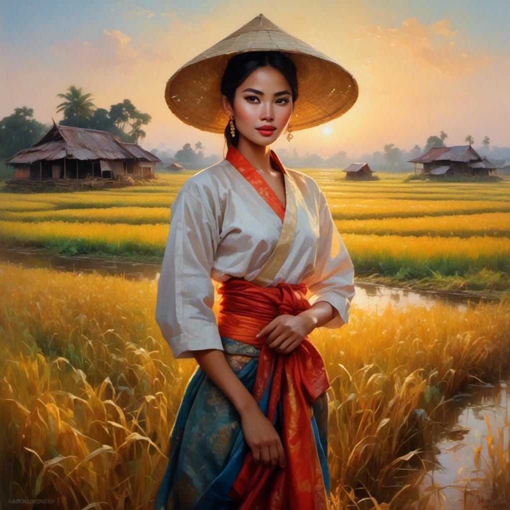 Cambodian Woman in Rice Fields, Oil Painting