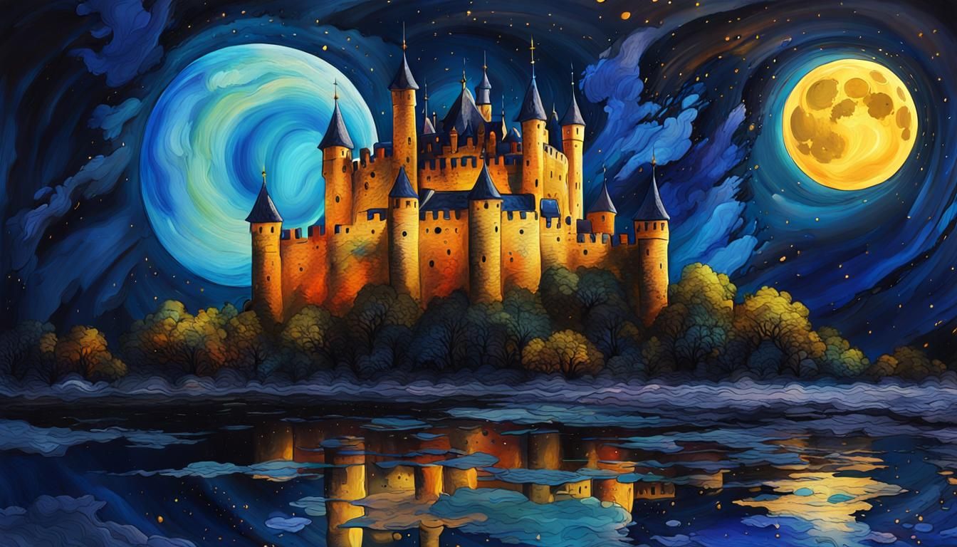 Ethereal Super Moon Over Castle: Fluid Art Painting