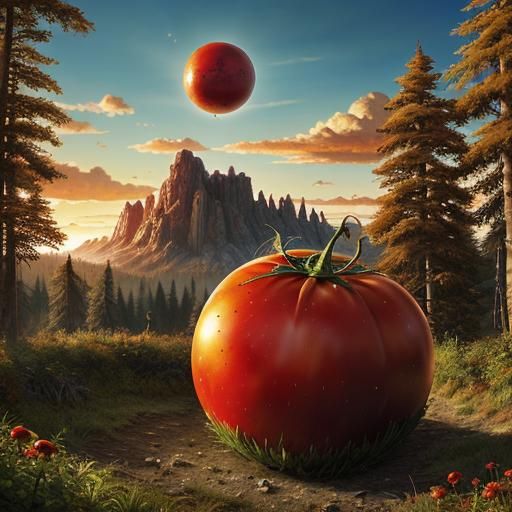 Giant Red Tomato in Sky: Surreal Concept Art